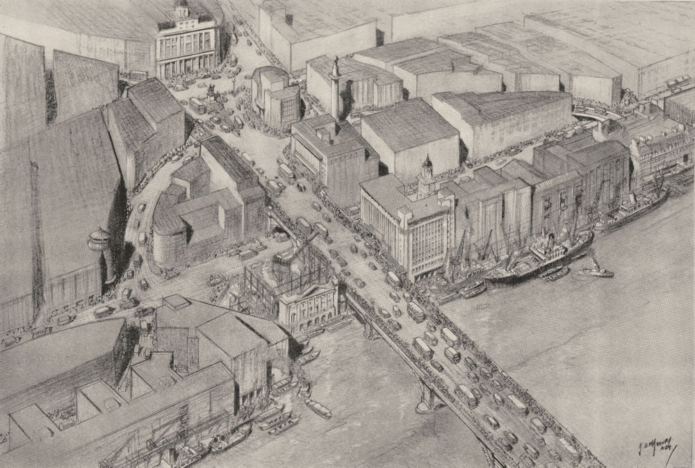 LONDON. Bird's-eye view London Bridge Lower Thames Street 1944 old print